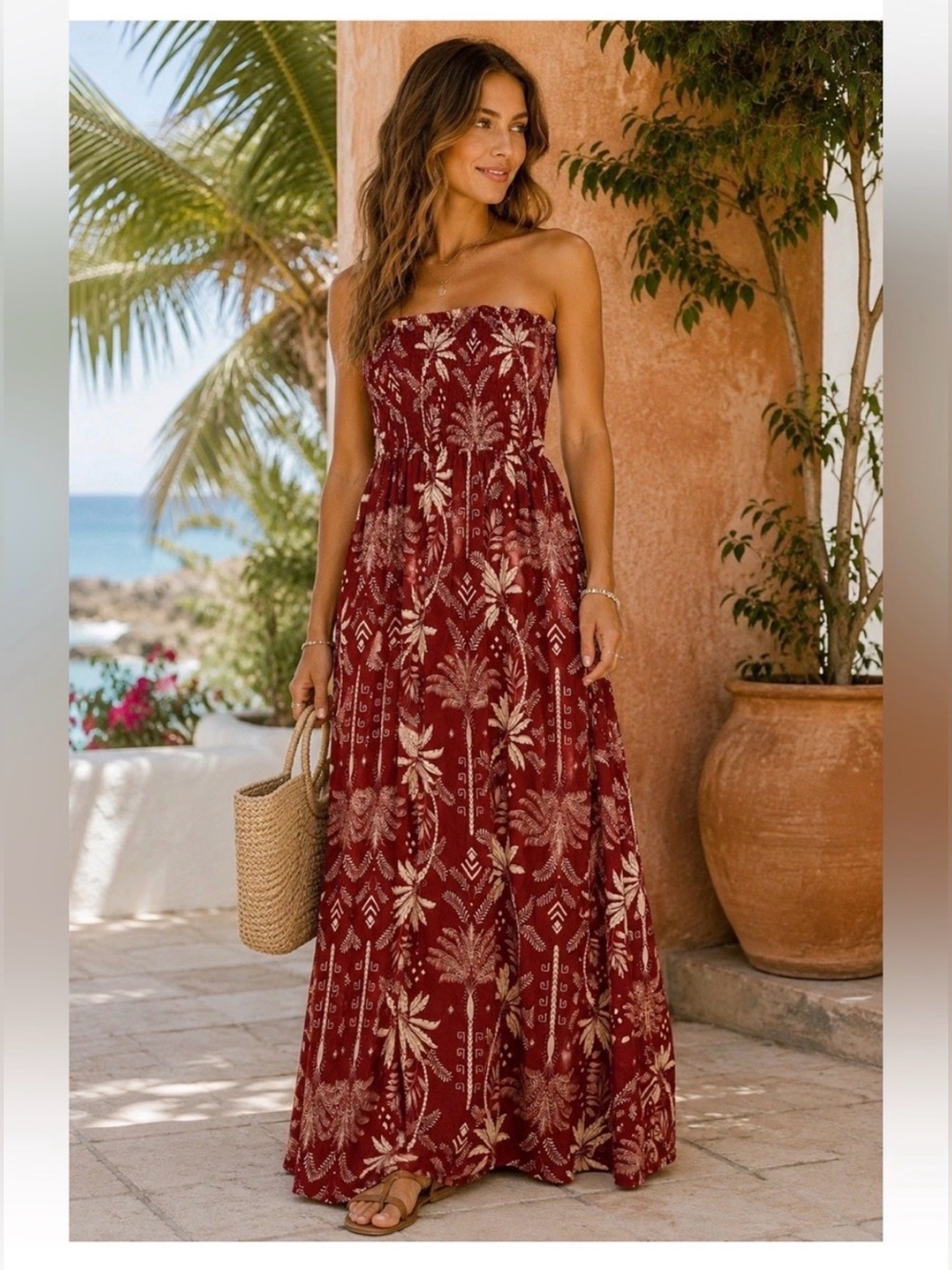 Monteau LA linen blend tropical palm treeStrapless Maxi Dress size med